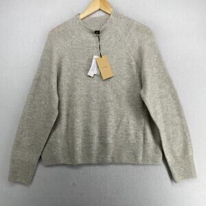HALOGEN Sweater L Top Sequin Sparkle Pullover Long Sleeve Stretch Gray NEW